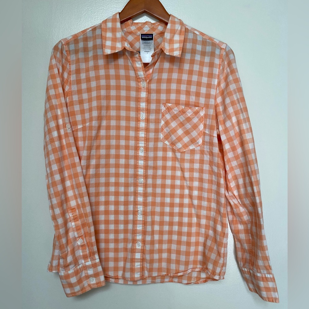 Patagonia Shirt Womens Sz 8‎ Orange Plaid Long Sleeve 100% Organic Cotton